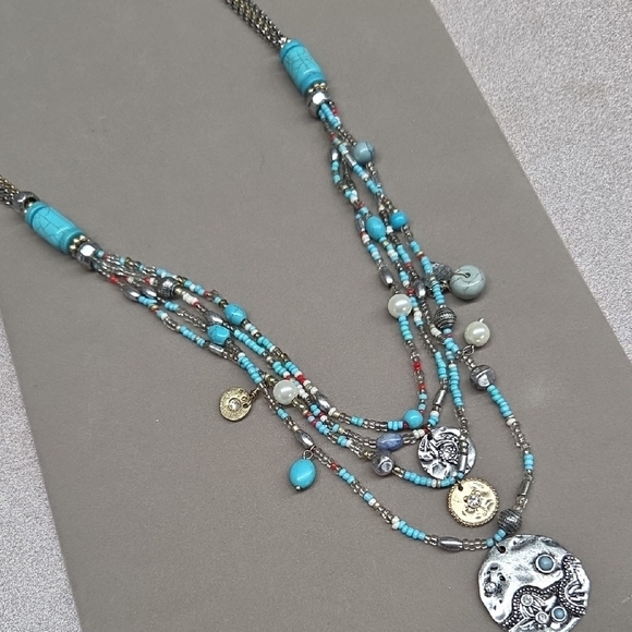 Source Unknown Jewelry - Boho Style Turquoise and Silver Multi-Strand Necklace Adjust 35 -38"